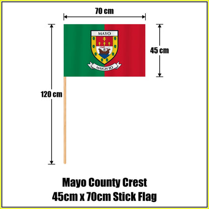 Mayo county crest 45 × 70 cm stick flag in green and red, with a 120 cm wooden stick and dimension arrows.