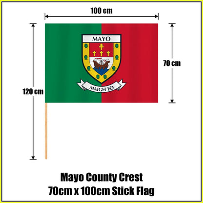 Mayo county crest 70 × 100 cm stick flag in green and red, with a 120 cm wooden stick and dimension arrows.