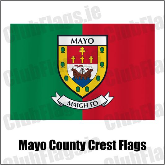 Mayo county crest flag in green and red, with county name and crest.