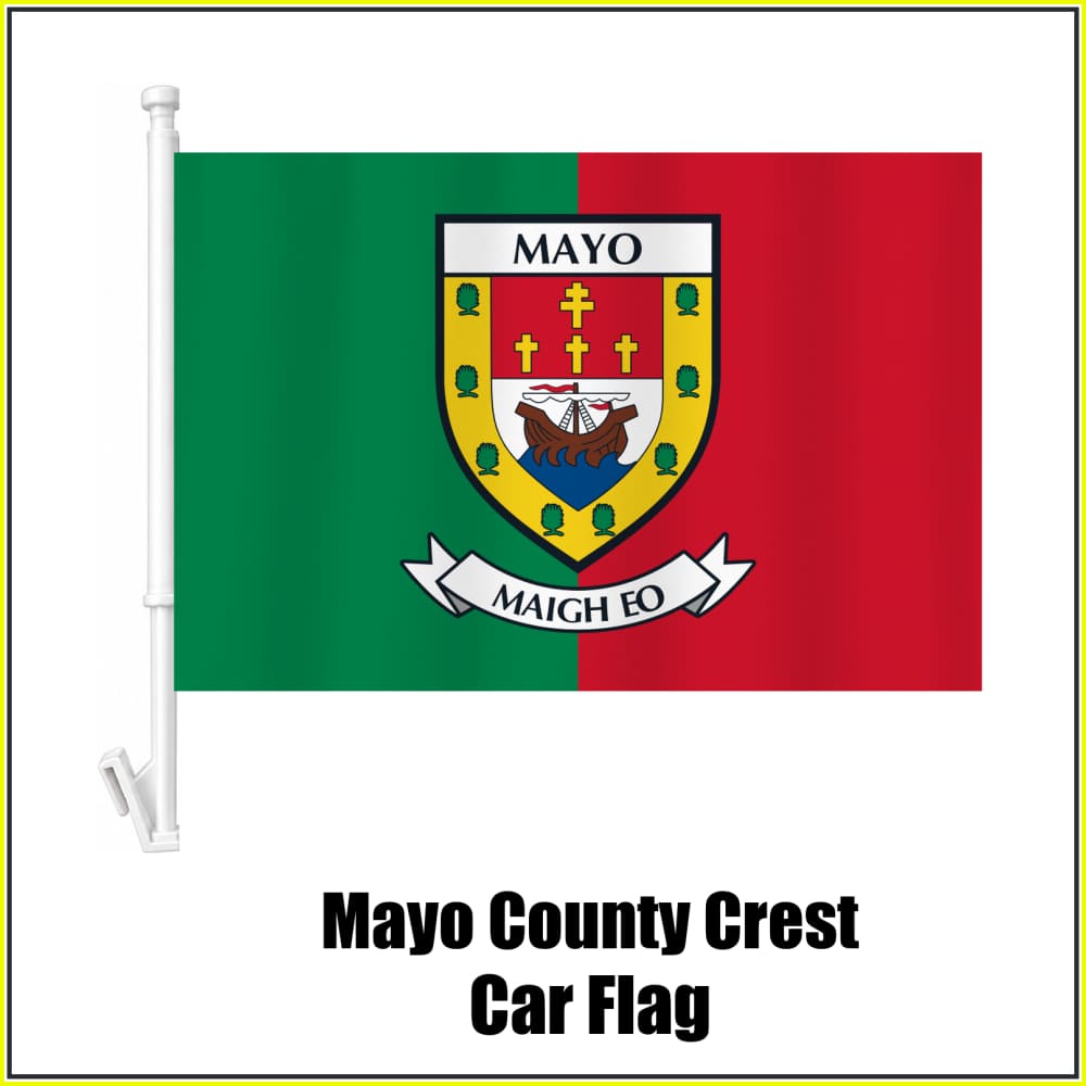 Mayo county crest car flag in green and red, on a white plastic window mount.