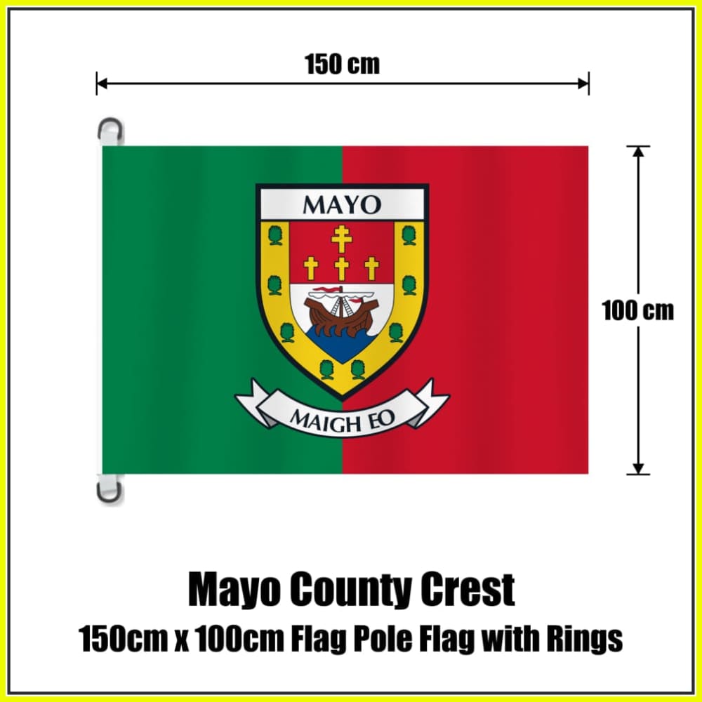 Mayo county crest flag, 150 cm wide × 100 cm high, in green and red, with two dark attachment rings on white tabs and no pole.