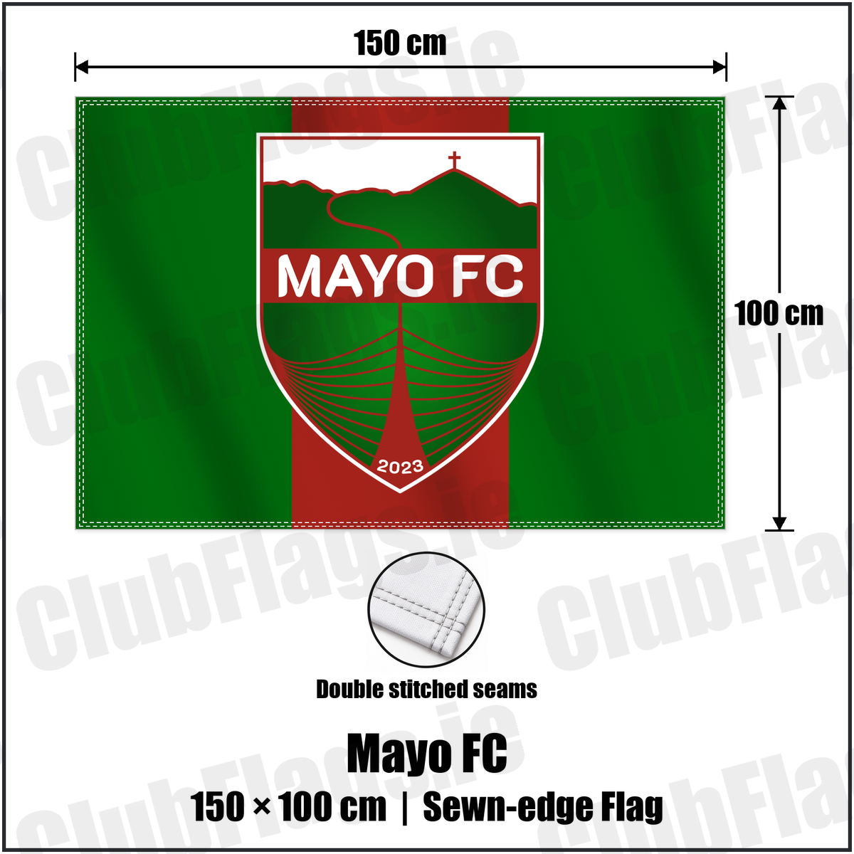Mayo FC 100cm x 150cm Flag (sewn on the edges) with the club crest and colours, Mayo Football - ClubFlags.ie