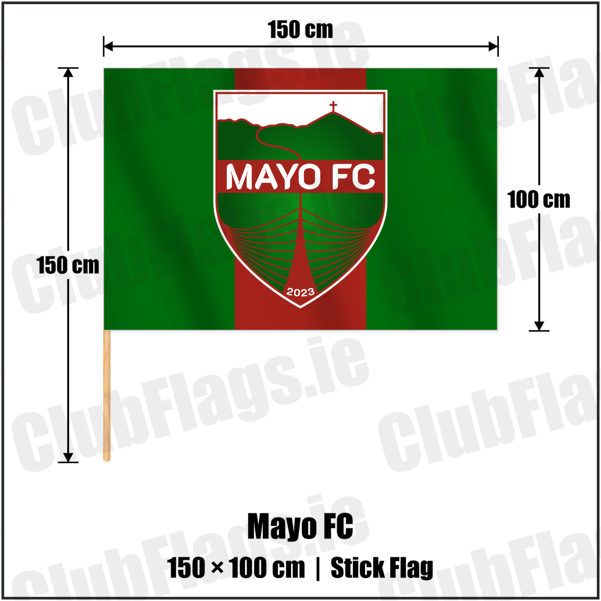 Mayo FC 100cm x 150cm Stick Flag with the club crest and colours, Mayo Football - ClubFlags.ie
