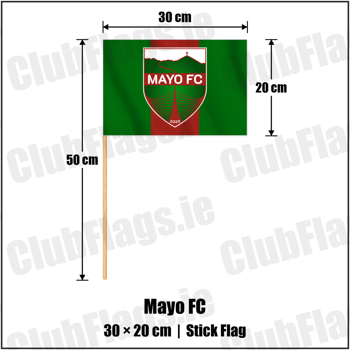 Mayo FC 20cm x 30cm Stick Flag with the club crest and colours, Mayo Football - ClubFlags.ie
