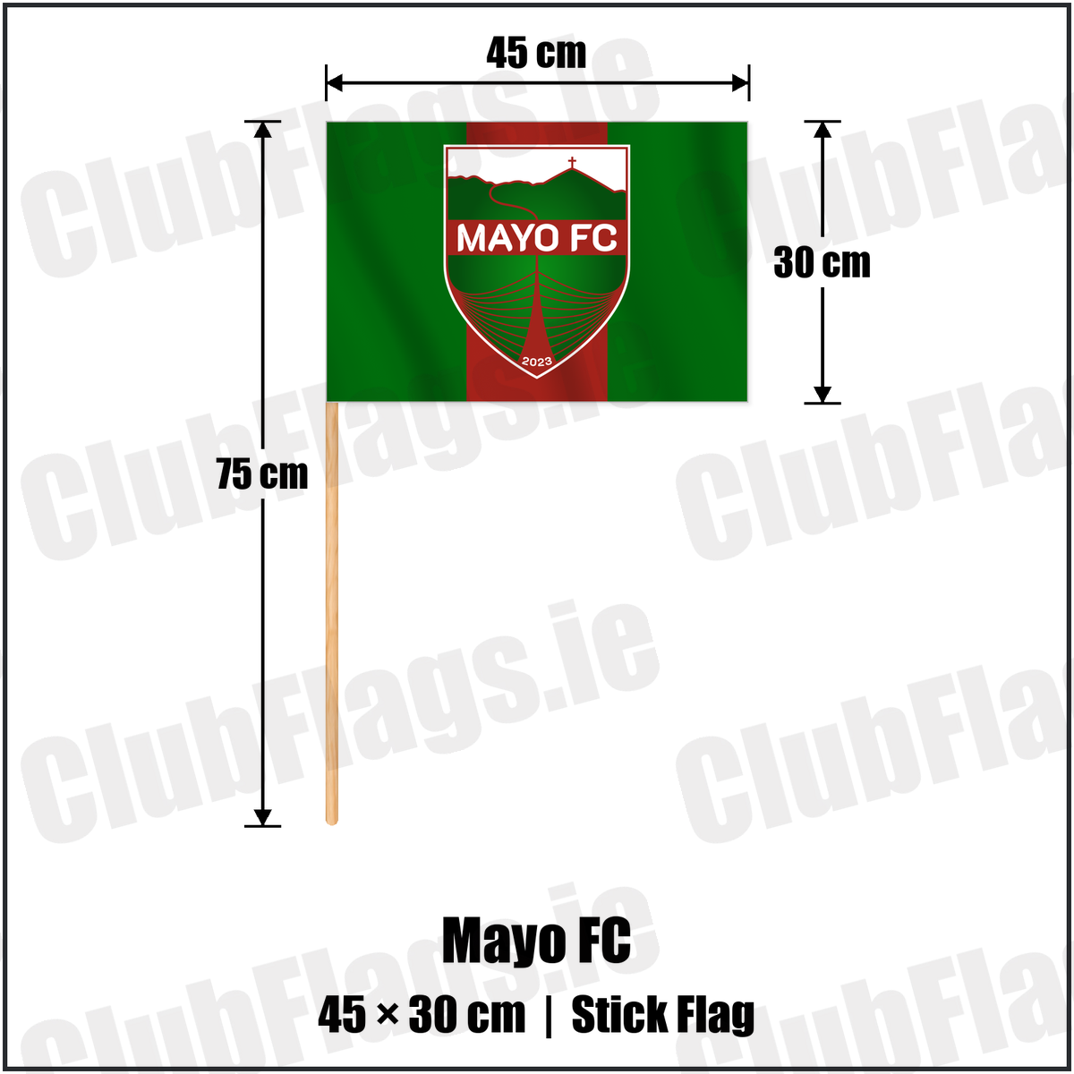 Mayo FC 30cm x 45cm Stick Flag with the club crest and colours, Mayo Football - ClubFlags.ie