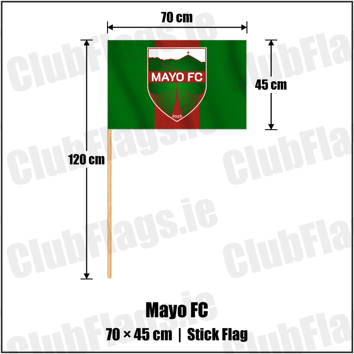 Mayo FC 45cm x 70cm Stick Flag with the club crest and colours, Mayo Football - ClubFlags.ie