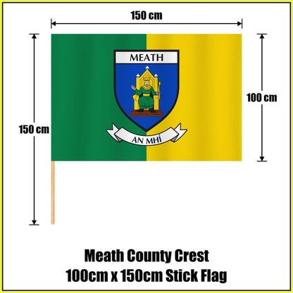 Meath county crest 100 × 150 cm stick flag in green and yellow, with a 150 cm wooden stick and dimension arrows.