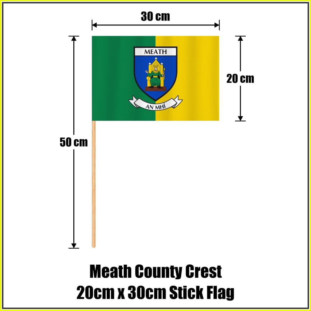 Meath county crest 20 × 30 cm stick flag in green and yellow, with a 50 cm wooden stick and dimension arrows.
