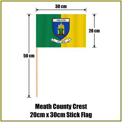 Meath county crest 20 × 30 cm stick flag in green and yellow, with a 50 cm wooden stick and dimension arrows.