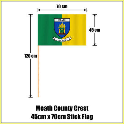 Meath county crest 45 × 70 cm stick flag in green and yellow, with a 120 cm wooden stick and dimension arrows.