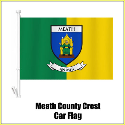 Meath county crest car flag in green and yellow, on a white plastic window mount.