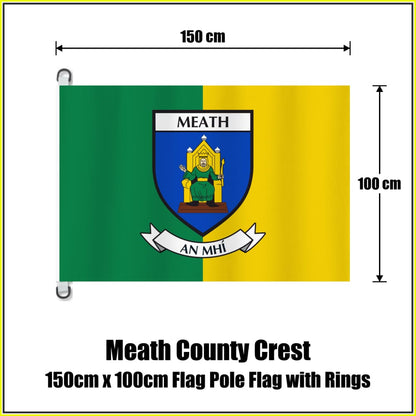 Meath county crest flag, 150 cm wide × 100 cm high, in green and yellow, with two dark attachment rings on white tabs and no pole.