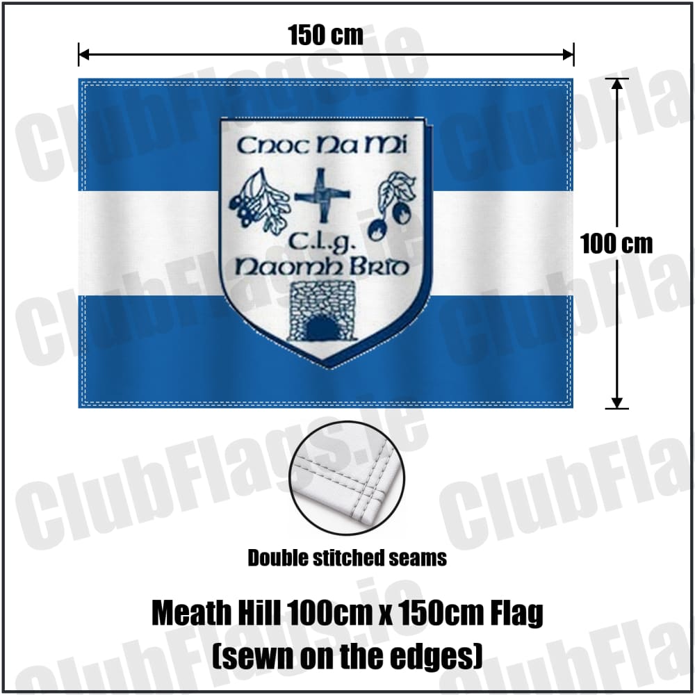 Meath Hill 100cm x 150cm Flag (sewn on the edges) in blue and white, featuring the club crest on realistic fabric with gentle vertical folds; County Meath GAA. ClubFlags.ie.
