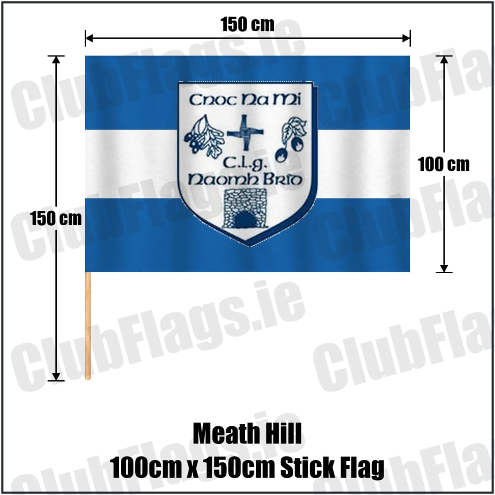 Meath Hill 100cm x 150cm Stick Flag in blue and white, featuring the club crest on realistic fabric with gentle vertical folds; County Meath GAA. ClubFlags.ie.