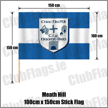 Meath Hill 100cm x 150cm Stick Flag in blue and white, featuring the club crest on realistic fabric with gentle vertical folds; County Meath GAA. ClubFlags.ie.