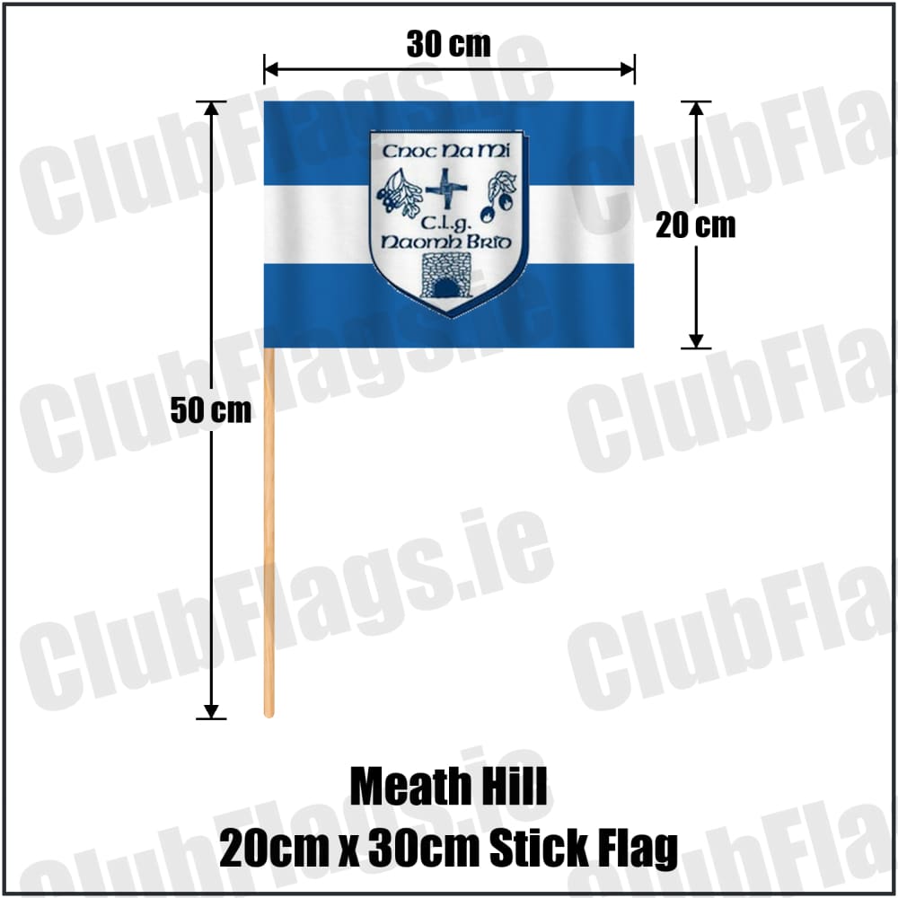 Meath Hill 20cm x 30cm Stick Flag in blue and white, featuring the club crest on realistic fabric with gentle vertical folds; County Meath GAA. ClubFlags.ie.