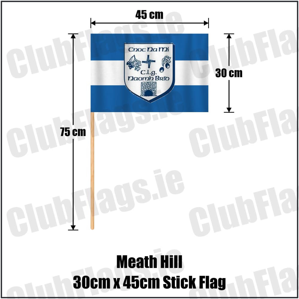 Meath Hill 30cm x 45cm Stick Flag in blue and white, featuring the club crest on realistic fabric with gentle vertical folds; County Meath GAA. ClubFlags.ie.