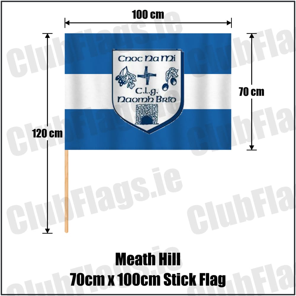 Meath Hill 70cm x 100cm Stick Flag in blue and white, featuring the club crest on realistic fabric with gentle vertical folds; County Meath GAA. ClubFlags.ie.