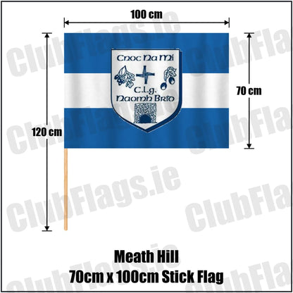 Meath Hill 70cm x 100cm Stick Flag in blue and white, featuring the club crest on realistic fabric with gentle vertical folds; County Meath GAA. ClubFlags.ie.