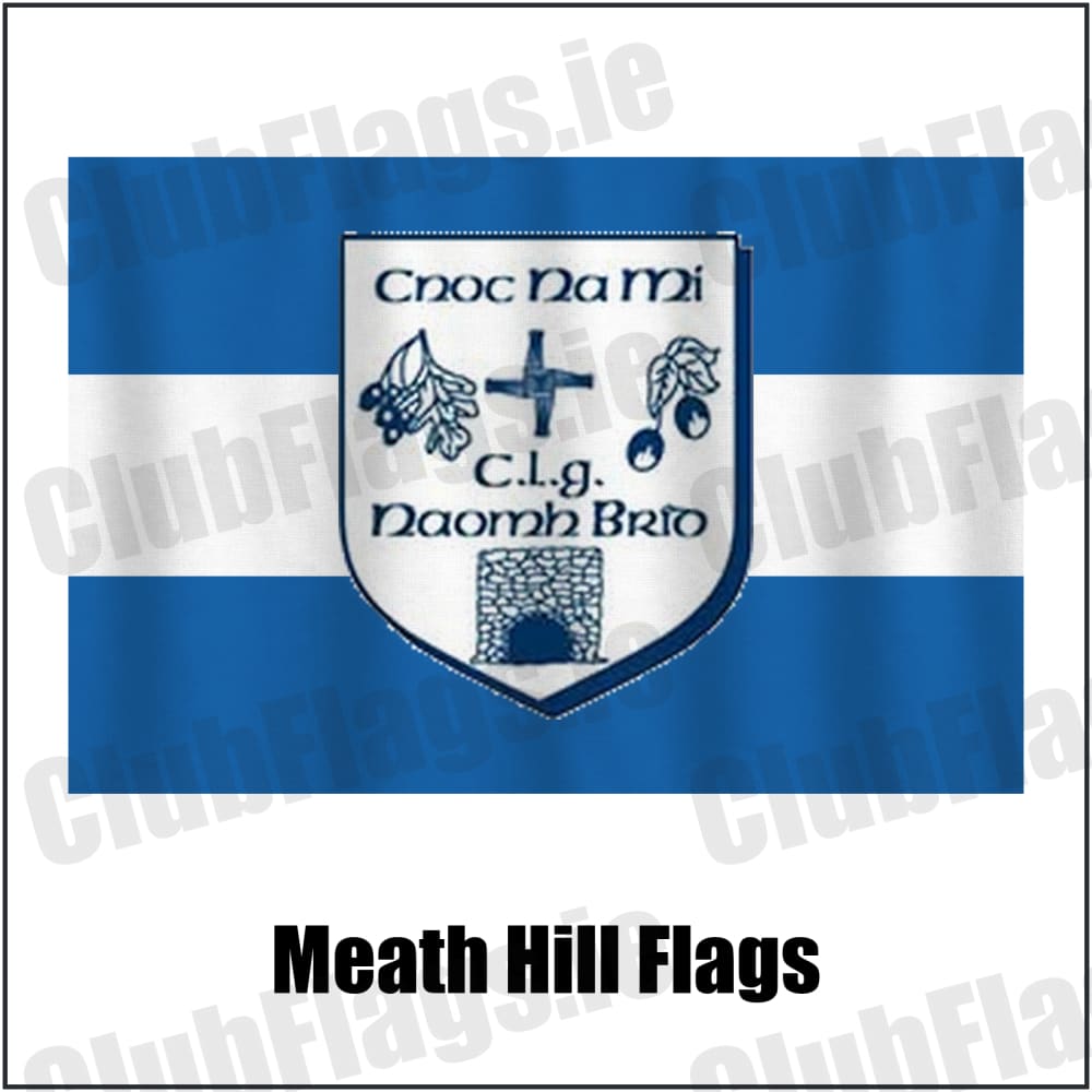 Meath Hill Flags in blue and white, featuring the club crest on realistic fabric with gentle vertical folds; County Meath GAA. ClubFlags.ie.