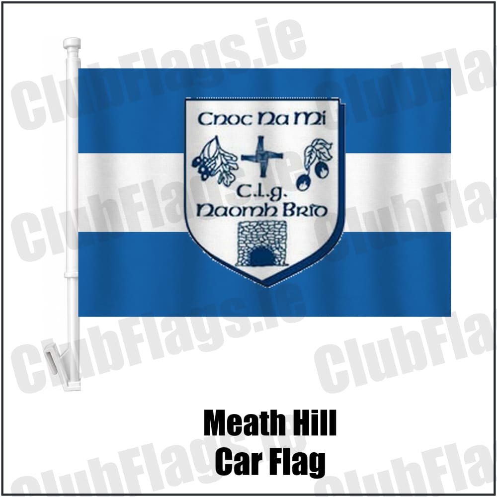 Meath Hill Car Flag in blue and white, featuring the club crest on realistic fabric with gentle vertical folds; County Meath GAA. ClubFlags.ie.