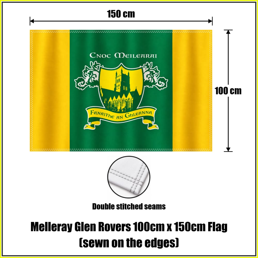 Melleray Glen Rovers 100cm x 150cm Flag (sewn on the edges) in green and gold with abbey crest and Irish lettering, Waterford GAA - ClubFlags.ie