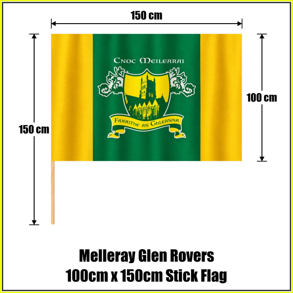 Melleray Glen Rovers 100cm x 150cm Stick Flag in green and gold with abbey crest and Irish lettering, Waterford GAA - ClubFlags.ie