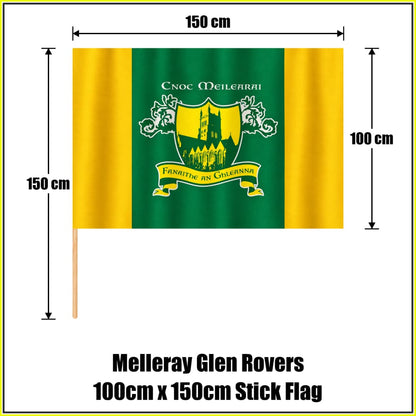Melleray Glen Rovers 100cm x 150cm Stick Flag in green and gold with abbey crest and Irish lettering, Waterford GAA - ClubFlags.ie