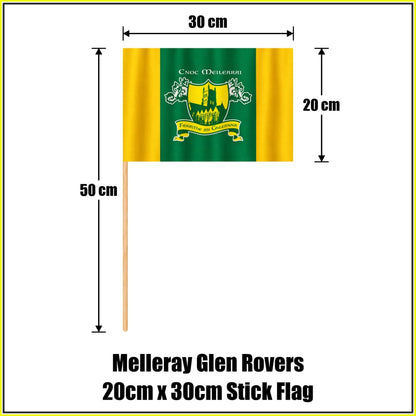 Melleray Glen Rovers 20cm x 30cm Stick Flag in green and gold with abbey crest and Irish lettering, Waterford GAA - ClubFlags.ie