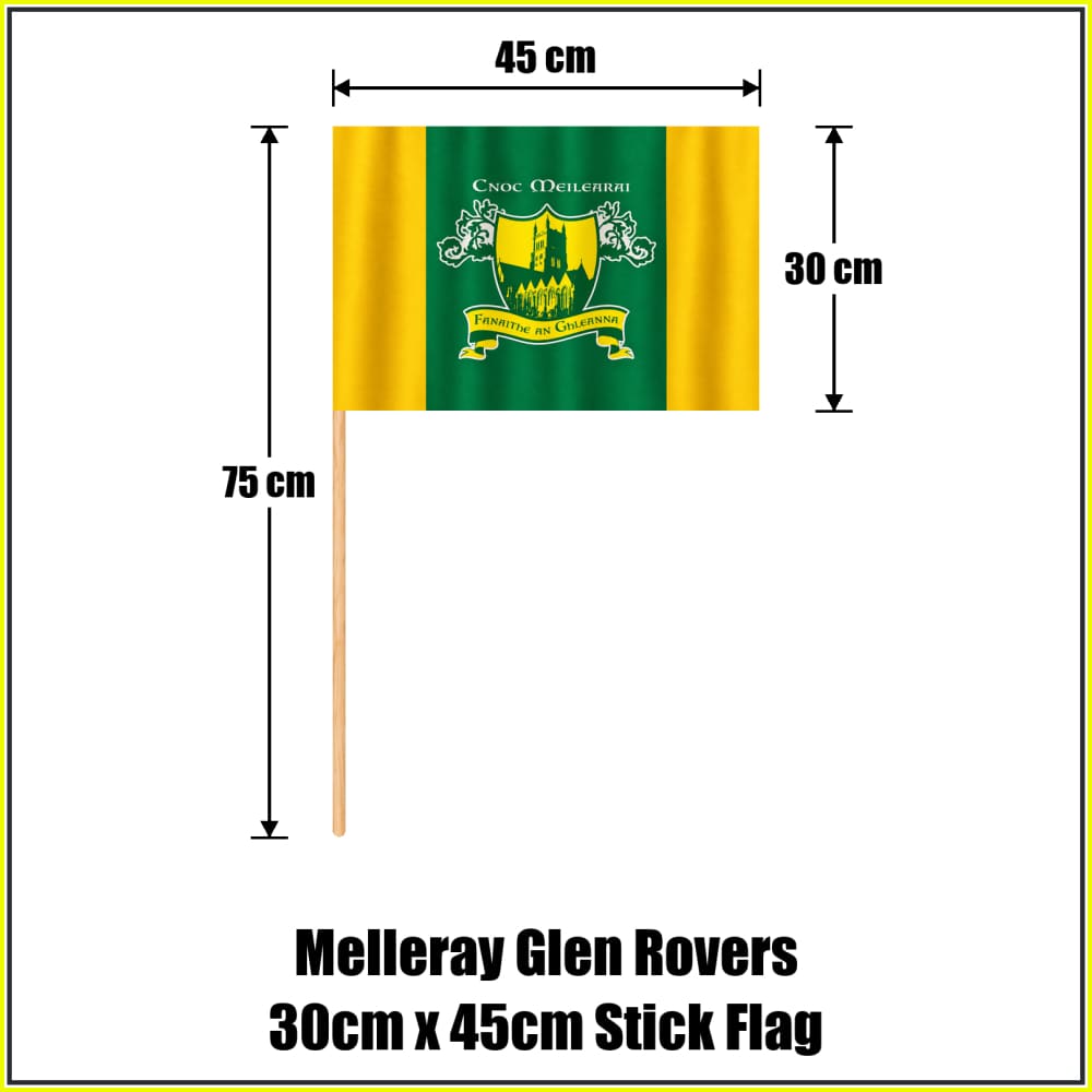Melleray Glen Rovers 30cm x 45cm Stick Flag in green and gold with abbey crest and Irish lettering, Waterford GAA - ClubFlags.ie