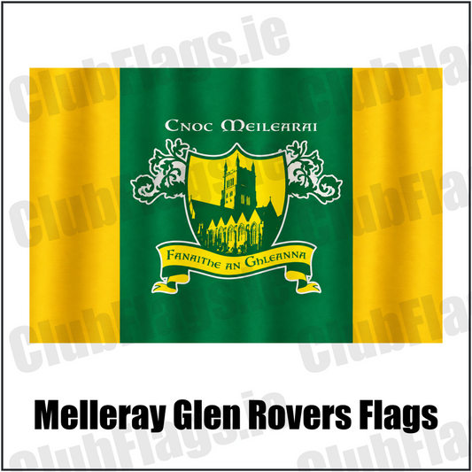 Melleray Glen Rovers Flags in green and gold with abbey crest and Irish lettering, Waterford GAA - ClubFlags.ie