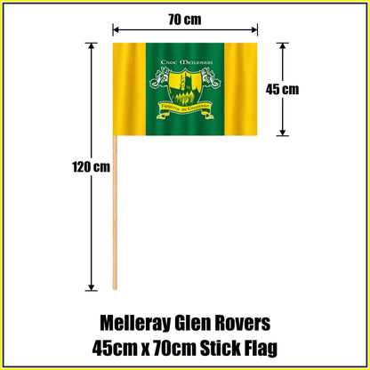 Melleray Glen Rovers 45cm x 70cm Stick Flag in green and gold with abbey crest and Irish lettering, Waterford GAA - ClubFlags.ie