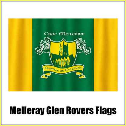 Melleray Glen Rovers Flags in green and gold with abbey crest and Irish lettering, Waterford GAA - ClubFlags.ie