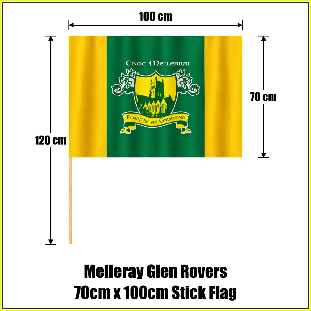 Melleray Glen Rovers 70cm x 100cm Stick Flag in green and gold with abbey crest and Irish lettering, Waterford GAA - ClubFlags.ie