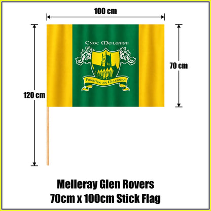 Melleray Glen Rovers 70cm x 100cm Stick Flag in green and gold with abbey crest and Irish lettering, Waterford GAA - ClubFlags.ie
