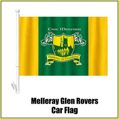 Melleray Glen Rovers Car Flag in green and gold with abbey crest and Irish lettering, Waterford GAA - ClubFlags.ie