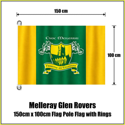 Melleray Glen Rovers 150cm x 100cm Flag Pole Flag with Rings in green and gold with abbey crest and Irish lettering, Waterford GAA - ClubFlags.ie
