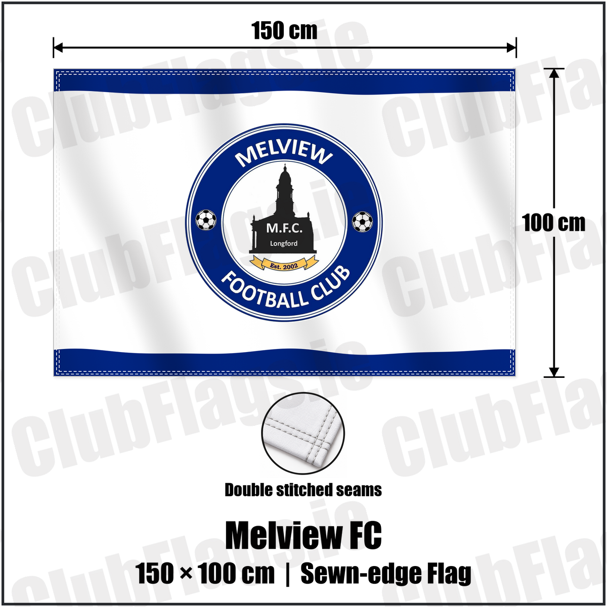Melview FC 100cm x 150cm Flag (sewn on the edges) with the club crest and colours, Longford Football - ClubFlags.ie