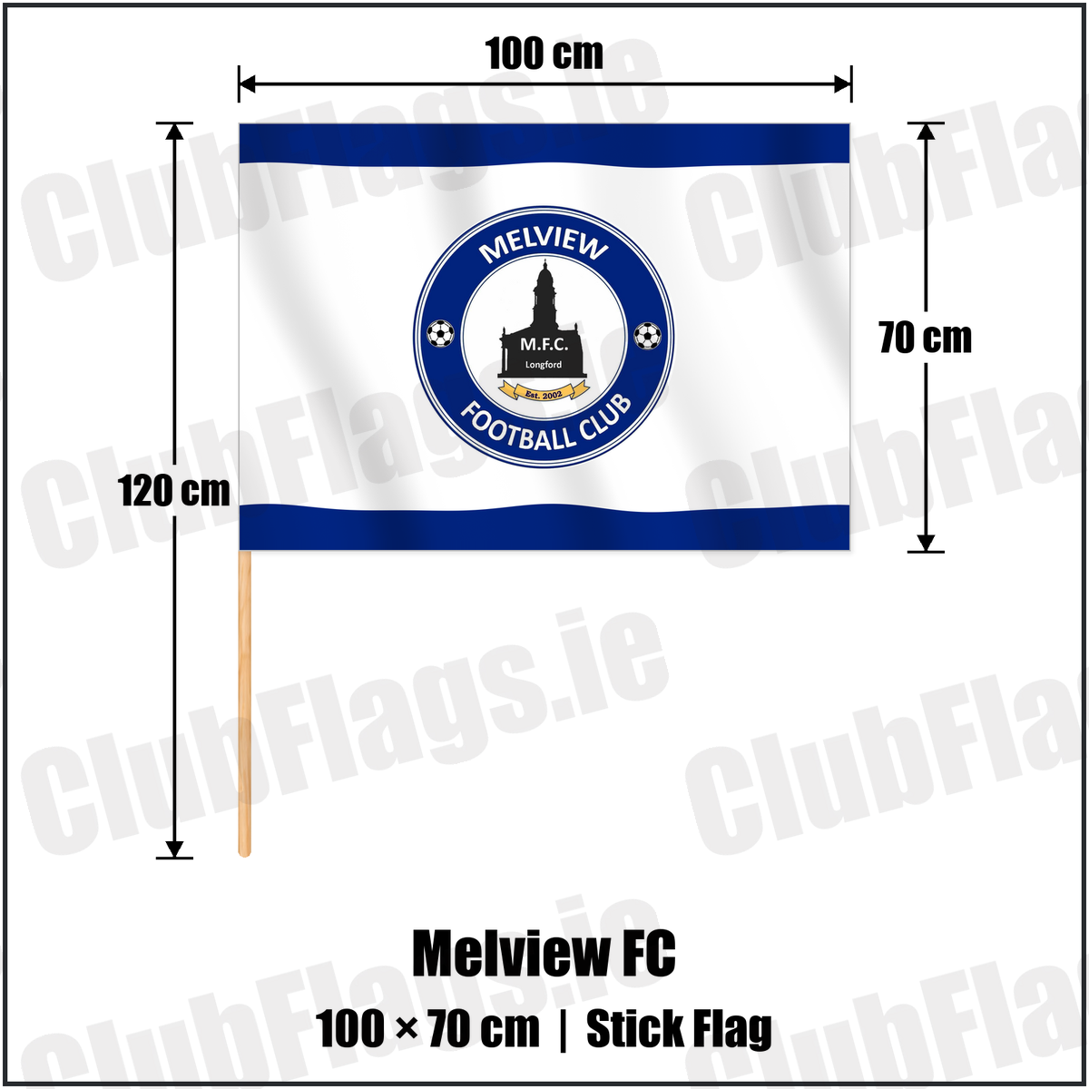 Melview FC 70cm x 100cm Stick Flag with the club crest and colours, Longford Football - ClubFlags.ie