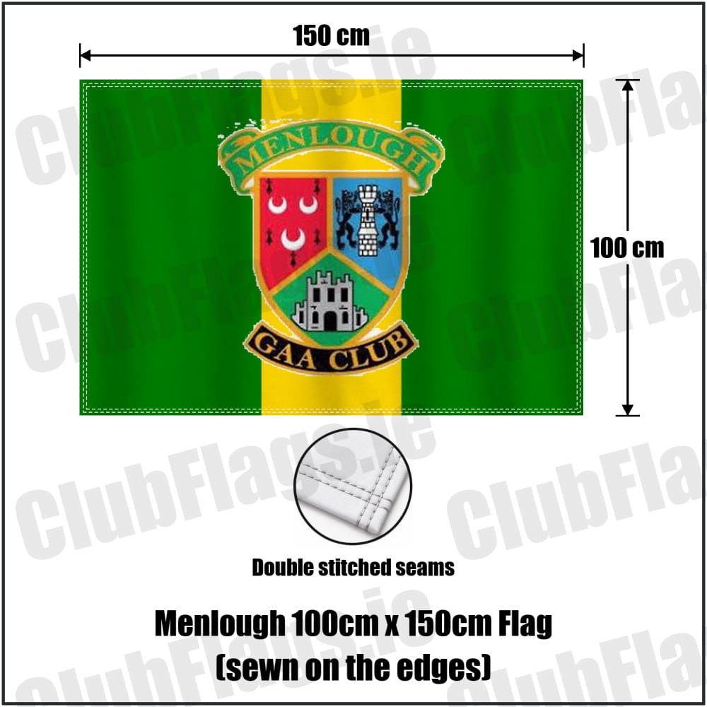 Menlough 100cm x 150cm Flag (sewn on the edges) in green and gold, featuring the club crest on realistic fabric with gentle vertical folds; County Galway GAA. ClubFlags.ie.