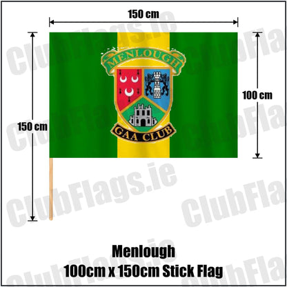 Menlough 100cm x 150cm Stick Flag in green and gold, featuring the club crest on realistic fabric with gentle vertical folds; County Galway GAA. ClubFlags.ie.
