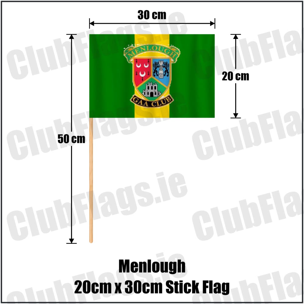 Menlough 20cm x 30cm Stick Flag in green and gold, featuring the club crest on realistic fabric with gentle vertical folds; County Galway GAA. ClubFlags.ie.
