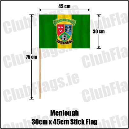 Menlough 30cm x 45cm Stick Flag in green and gold, featuring the club crest on realistic fabric with gentle vertical folds; County Galway GAA. ClubFlags.ie.