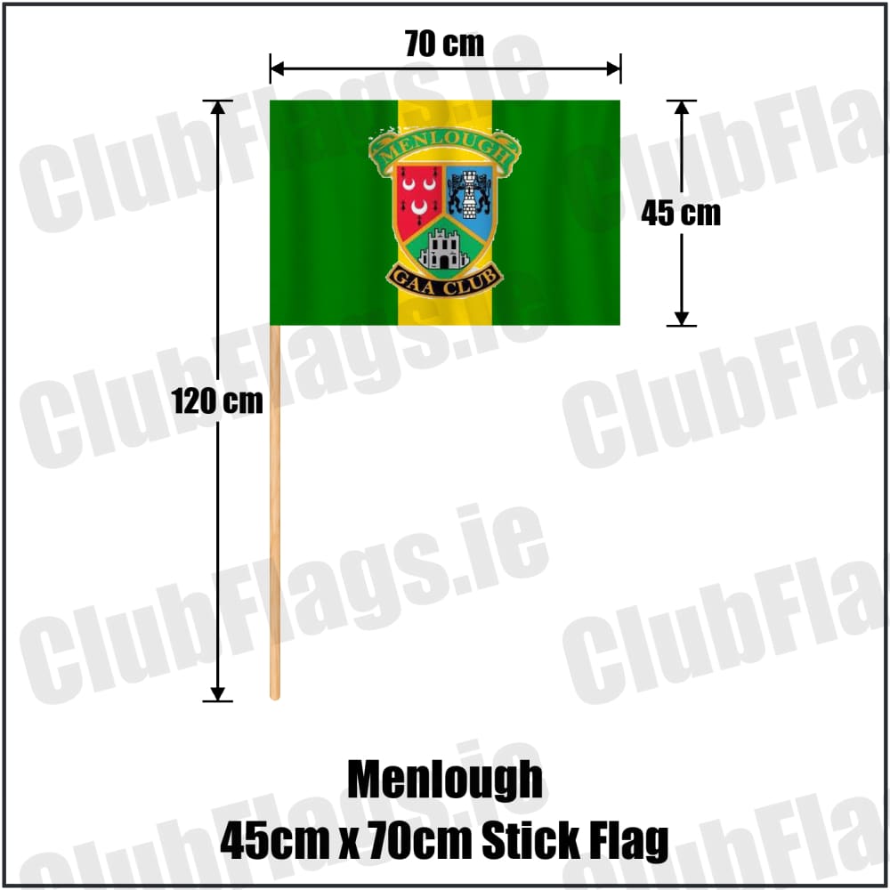 Menlough 45cm x 70cm Stick Flag in green and gold, featuring the club crest on realistic fabric with gentle vertical folds; County Galway GAA. ClubFlags.ie.