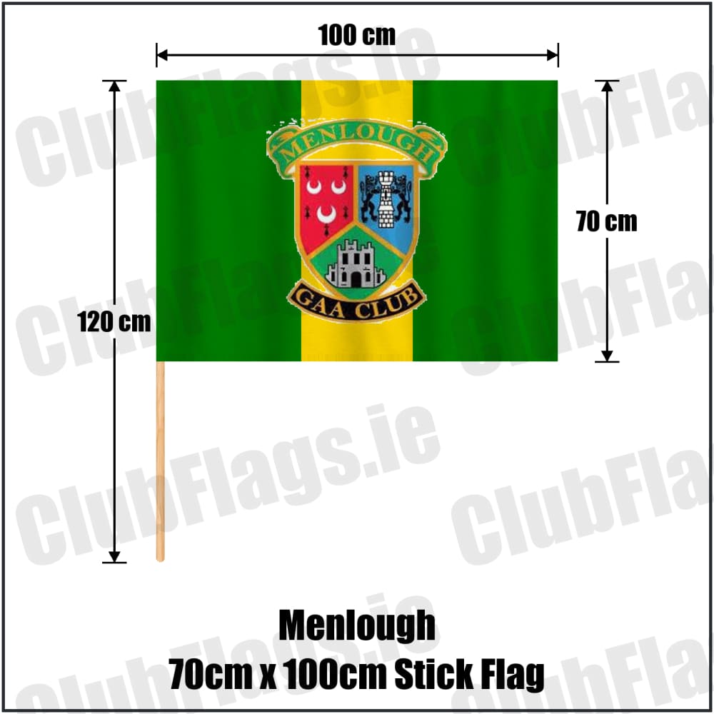 Menlough 70cm x 100cm Stick Flag in green and gold, featuring the club crest on realistic fabric with gentle vertical folds; County Galway GAA. ClubFlags.ie.