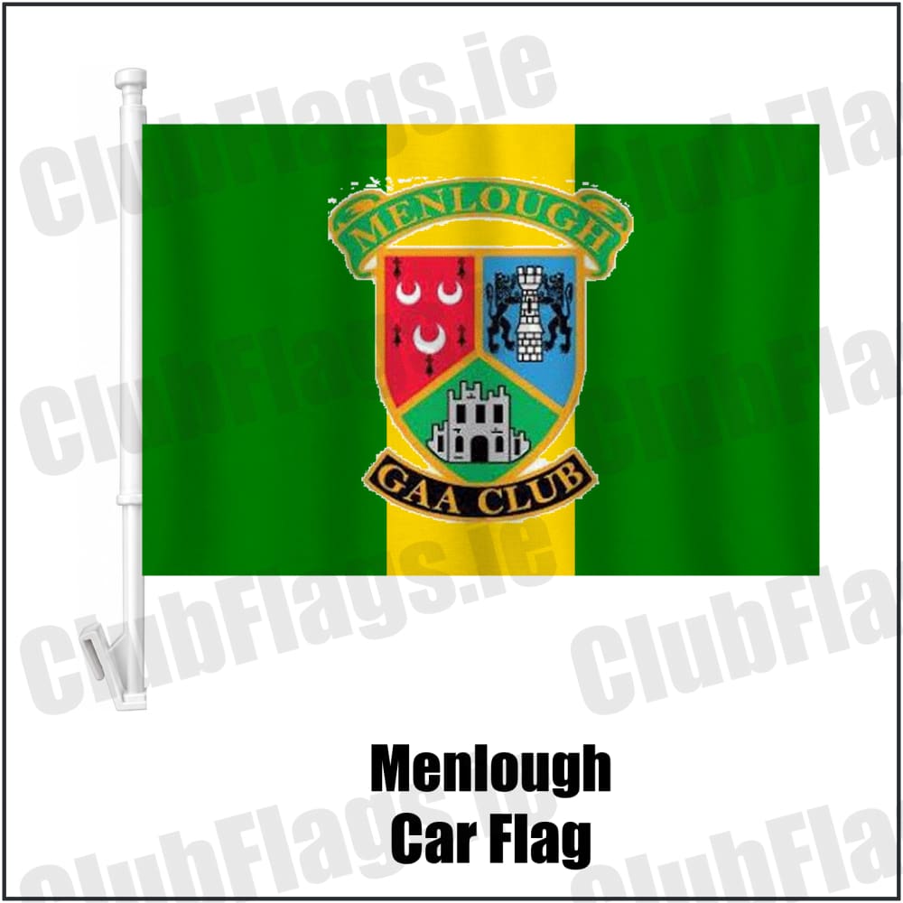 Menlough Car Flag in green and gold, featuring the club crest on realistic fabric with gentle vertical folds; County Galway GAA. ClubFlags.ie.