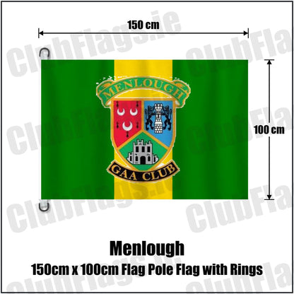 Menlough 150cm x 100cm Flag Pole Flag with Rings in green and gold, featuring the club crest on realistic fabric with gentle vertical folds; County Galway GAA. ClubFlags.ie.