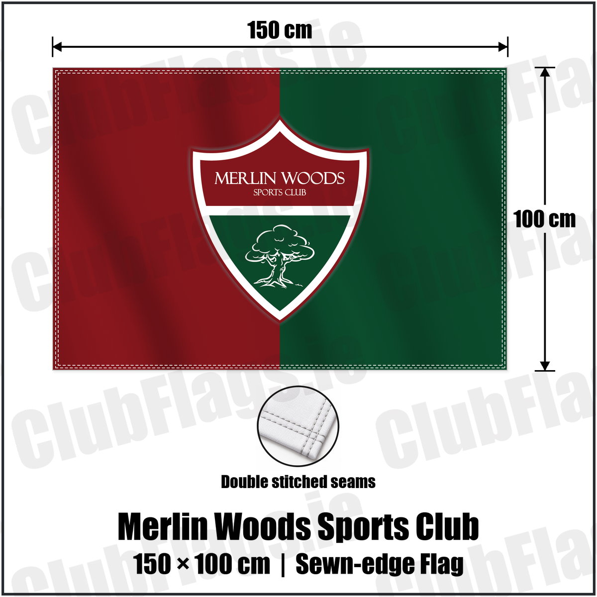 Merlin Woods Sports Club 100cm x 150cm Flag (sewn on the edges) with the club crest and colours, Galway Football - ClubFlags.ie