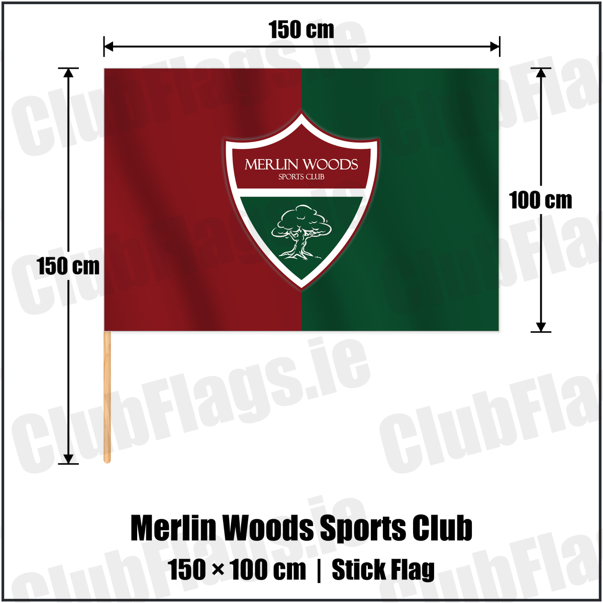 Merlin Woods Sports Club 100cm x 150cm Stick Flag with the club crest and colours, Galway Football - ClubFlags.ie