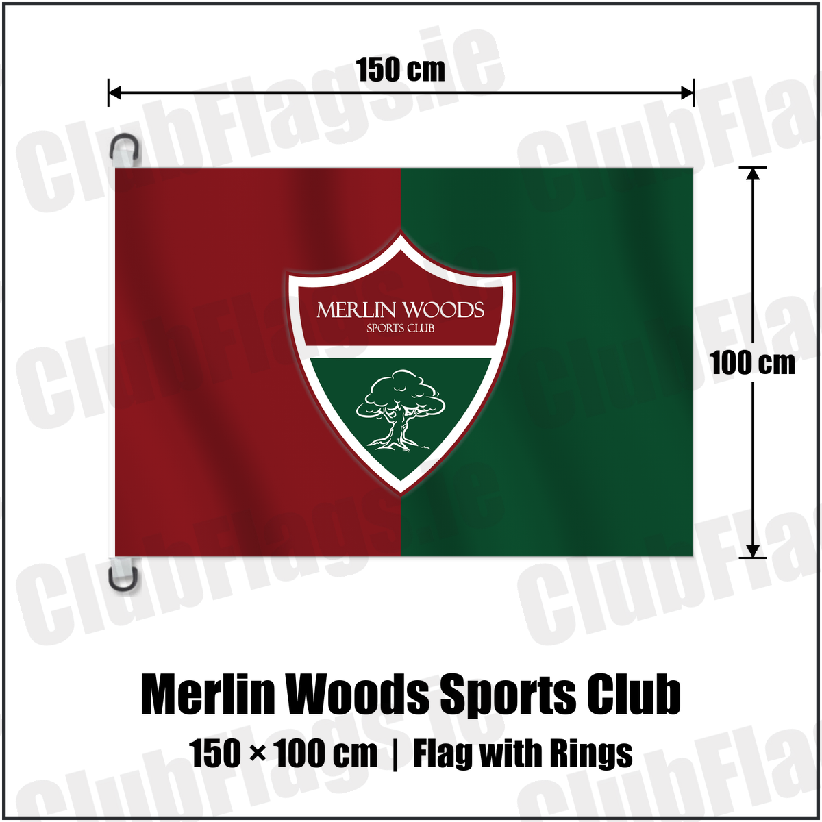 Merlin Woods Sports Club 150cm x 100cm Flag Pole Flag with Rings with the club crest and colours, Galway Football - ClubFlags.ie
